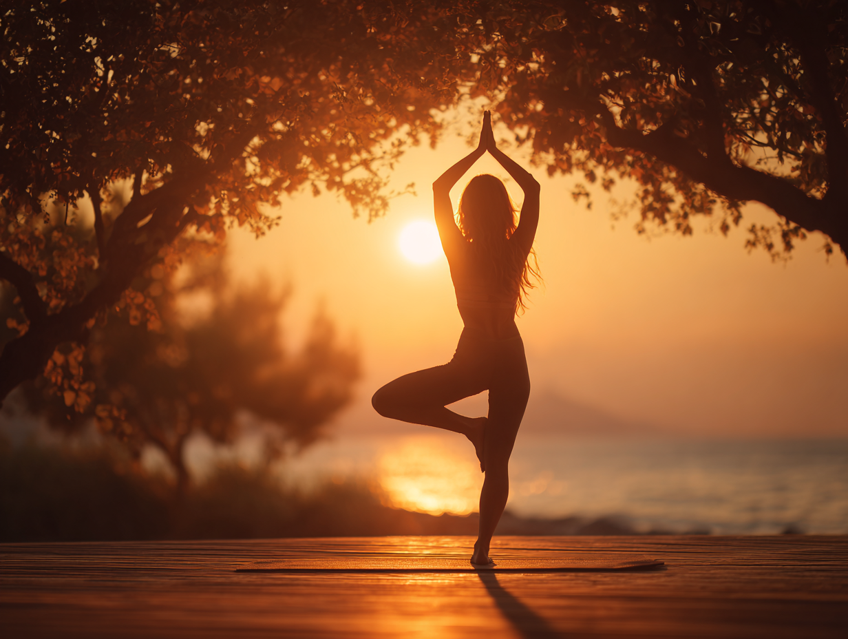 Жінка практикує йогу на світанку