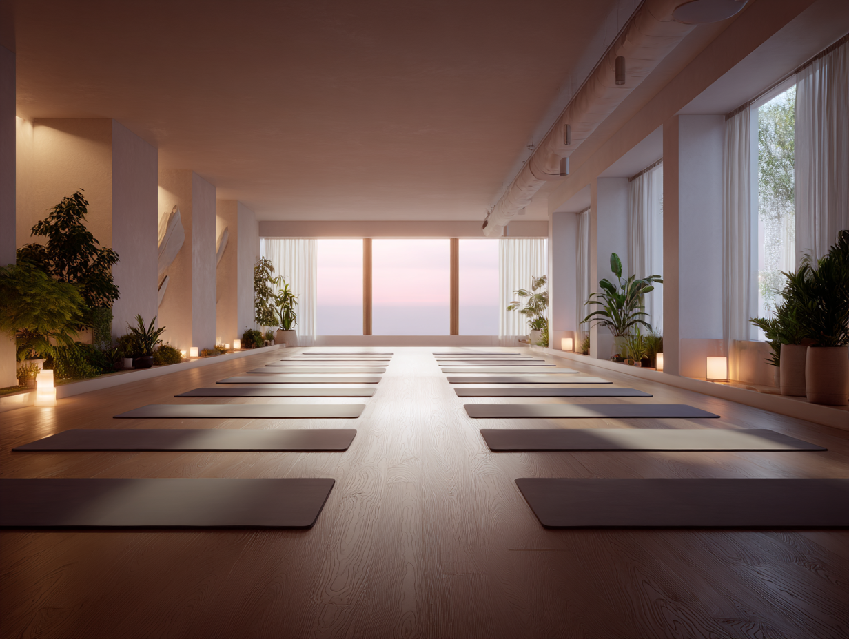 Інструктор демонструє асану в сучасній студії з великими вікнами